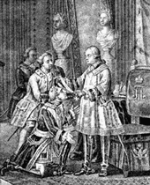 Император Павел I возлагает на фельдмаршала графа Суворова большой крест Святого Иоанна Иерусалимского. 1799 г.