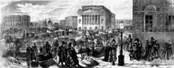 Разъезд зрителей из Александринского театра. Литография Р.Жуковского. 1824 г.