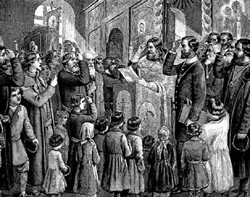 19-го февраля 1861 года в деревне: «Осени себе крестным знамением, русский народ» (слова Манифеста)