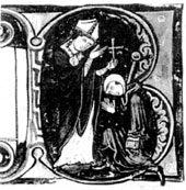 Крестоносец получает крест из рук епископа: ему уже дали суму и посох пилигрима