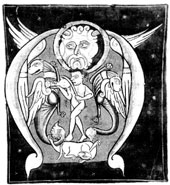 Буквица из Библии XII в., изображающая жонглера-музыканта