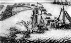 Взятие двух шведских судов в устье Невы 7 мая 1703 г. Гравюра П. Пикара. Начало XVIII в.