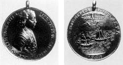 Медаль в честь взятия двух шведских судов в устье Невы 7 мая 1703 г. На обороте надпись «Небываемое бывает». Ф. Алексеев. 1703 г.