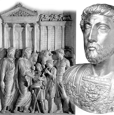 Император Марк Аврелий (бюст из золота справа) совершает жертвоприношение перед храмом Юпитера