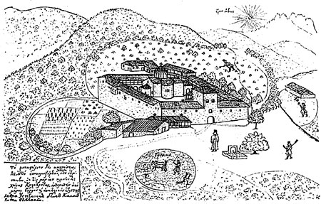Монастырь Успения Пресвятой Богородицы близ Калавриты. 1745 г. Вид с северо-востока. Фотолитография