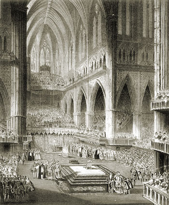 Подготовка к коронации королевы Виктории в Вестминстерском аббатстве. 1838 г. Литография