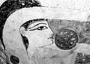 Богиня Нут поглощает солнечный диск с тем, чтобы воспроизвести его следующим утром. Гробница Рамсеса IX