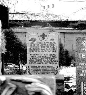 Мемориальная плита с именами белых казачьих генералов, часть из которых в 1945 г. служила у генерала Власова. Ограда храма Всех Святых на Соколе. Москва