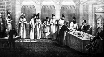 Заключение мира в Туркманчае 10 февраля 1828 г. Справа, спиной, за столом сидит А.С. Грибоедов