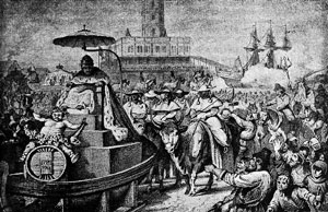 Маскарад в Москве по случаю празднования Ништадского мира. Февраль 1722 г. Гравюра по рисунку А.Шарлеманя
