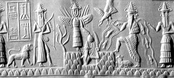 Шумерская печать. Бог воды Энки (второй справа). В центре — крылатая богиня войны, плодородия и любви Инана (Иннин) с богом Уту (его торс виден из-за вершины горы)