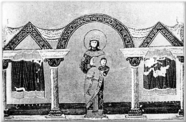 Императрица Феодора, восстановившая почитание икон. Миниатюра из «Менология» императора Василия II. Ватиканская библиотека